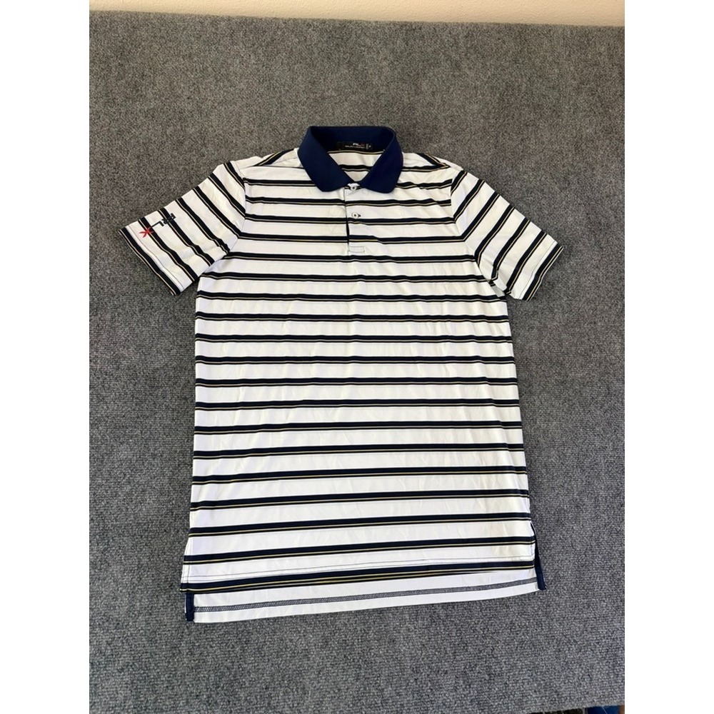 RLX Ralph Lauren Men Polo Shirt Navy Blue White Striped Golf Short Sleeve Size M